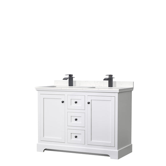 Avery 48" Double Bathroom Vanity in White, Carrara Cultured Marble Countertop, Undermount Square Sinks, Matte Black Trim