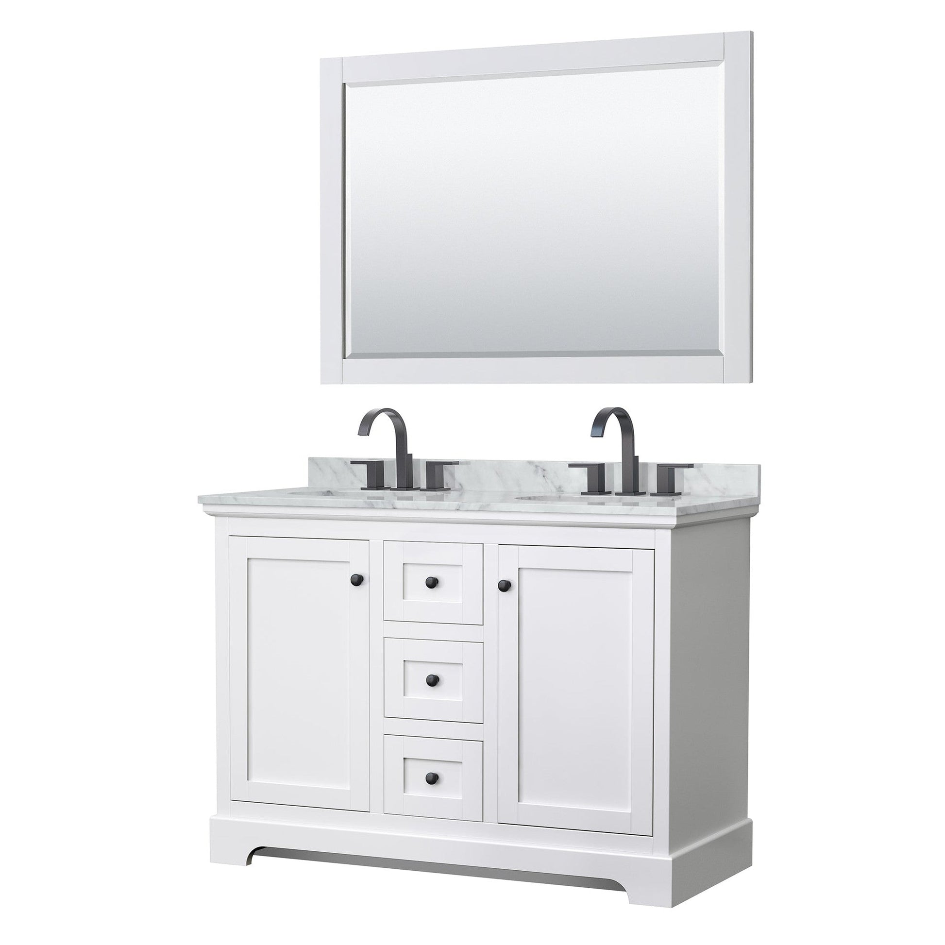 Avery 48" Double Bathroom Vanity in White, White Carrara Marble Countertop, Undermount Oval Sinks, Matte Black Trim, 46" Mirror