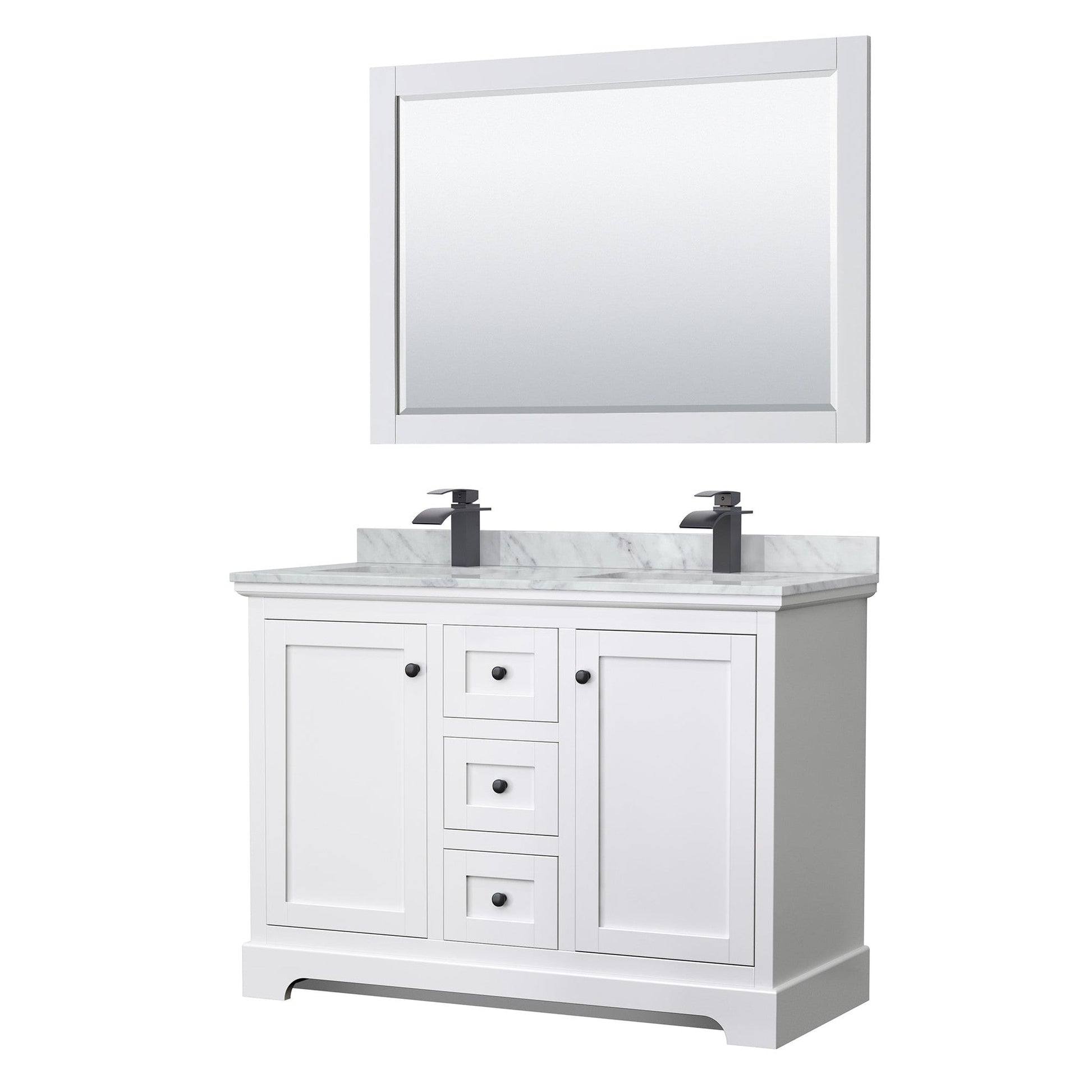 Avery 48" Double Bathroom Vanity in White, White Carrara Marble Countertop, Undermount Square Sinks, Matte Black Trim, 46" Mirror