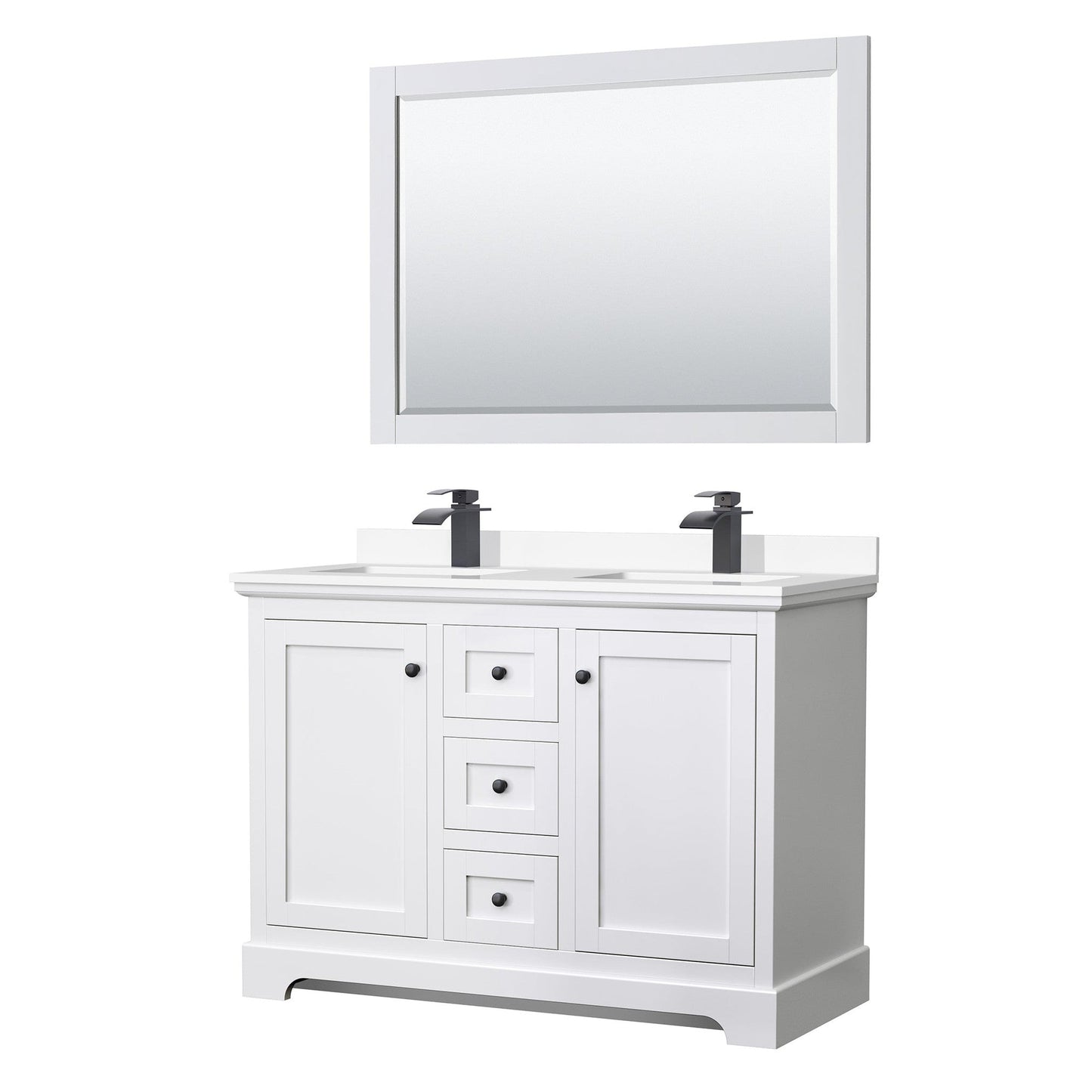 Avery 48" Double Bathroom Vanity in White, White Cultured Marble Countertop, Undermount Square Sinks, Matte Black Trim, 46" Mirror