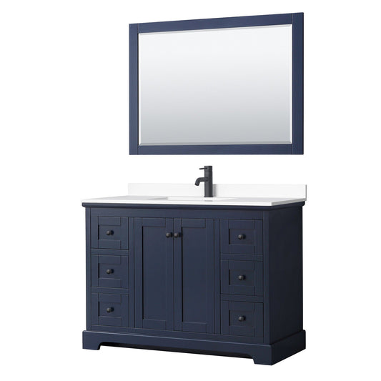 Avery 48" Single Bathroom Vanity in Dark Blue, White Cultured Marble Countertop, Undermount Square Sink, Matte Black Trim, 46" Mirror