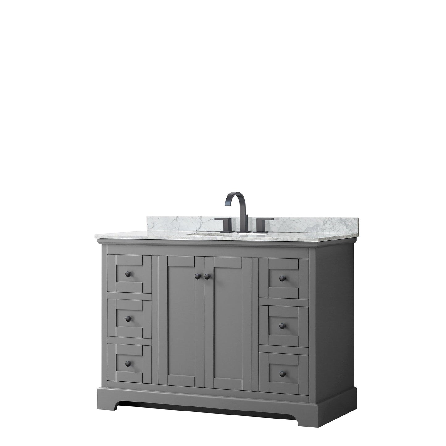 Avery 48" Single Bathroom Vanity in Dark Gray, White Carrara Marble Countertop, Undermount Oval Sink, Matte Black Trim