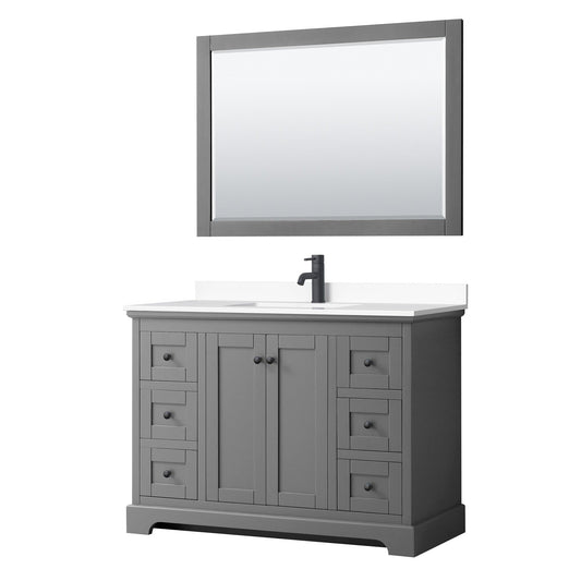 Avery 48" Single Bathroom Vanity in Dark Gray, White Cultured Marble Countertop, Undermount Square Sink, Matte Black Trim, 46" Mirror