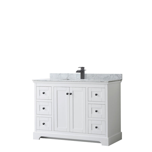 Avery 48" Single Bathroom Vanity in White, White Carrara Marble Countertop, Undermount Square Sink, Matte Black Trim