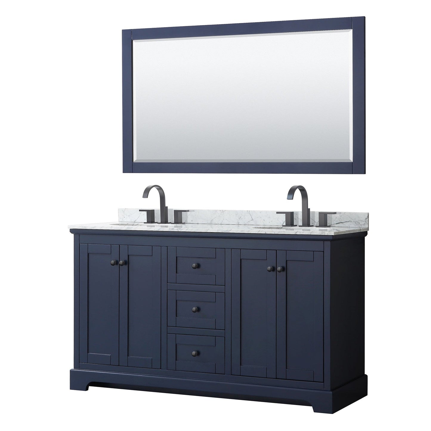Avery 60" Double Bathroom Vanity in Dark Blue, White Carrara Marble Countertop, Undermount Oval Sinks, Matte Black Trim, 58" Mirror