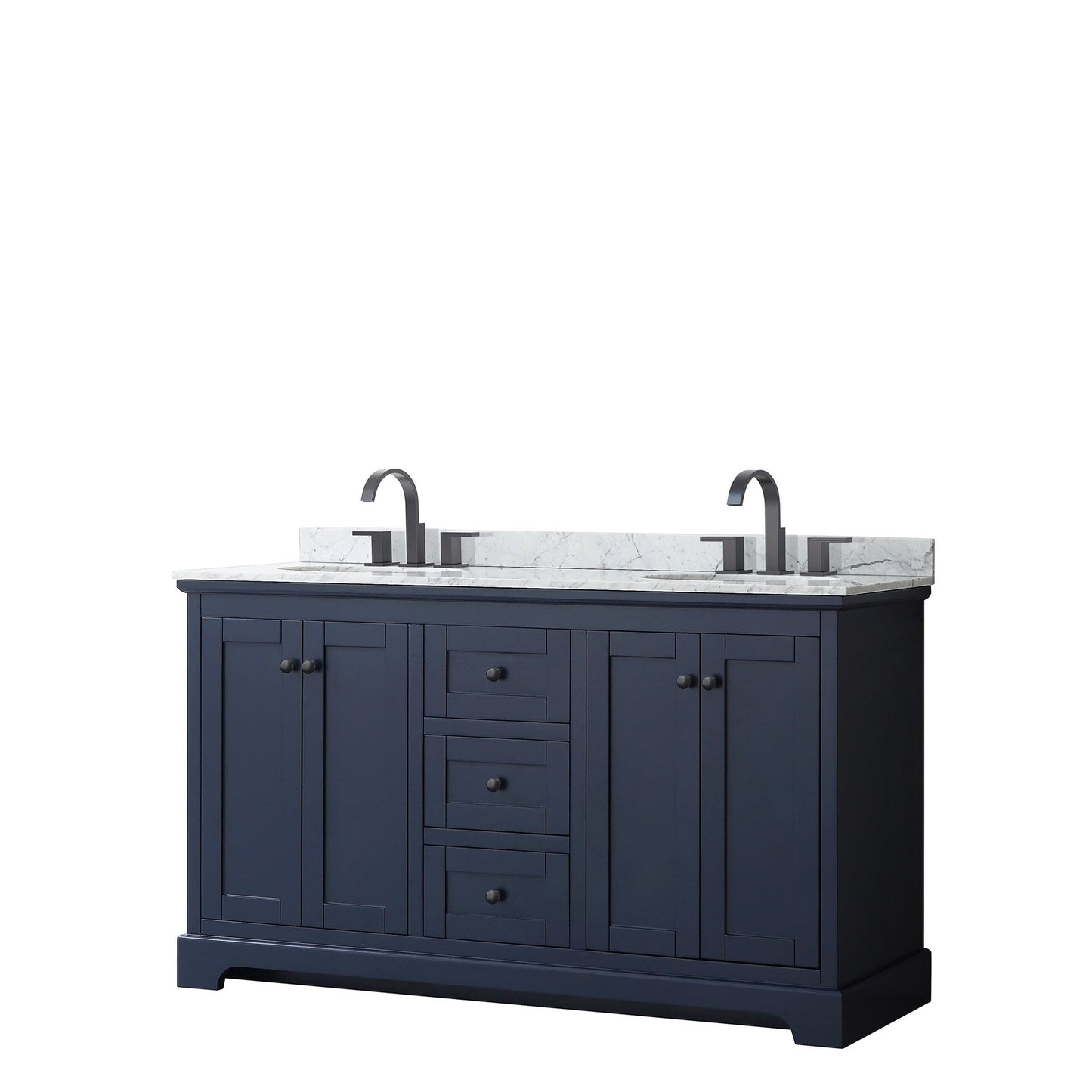 Avery 60" Double Bathroom Vanity in Dark Blue, White Carrara Marble Countertop, Undermount Oval Sinks, Matte Black Trim