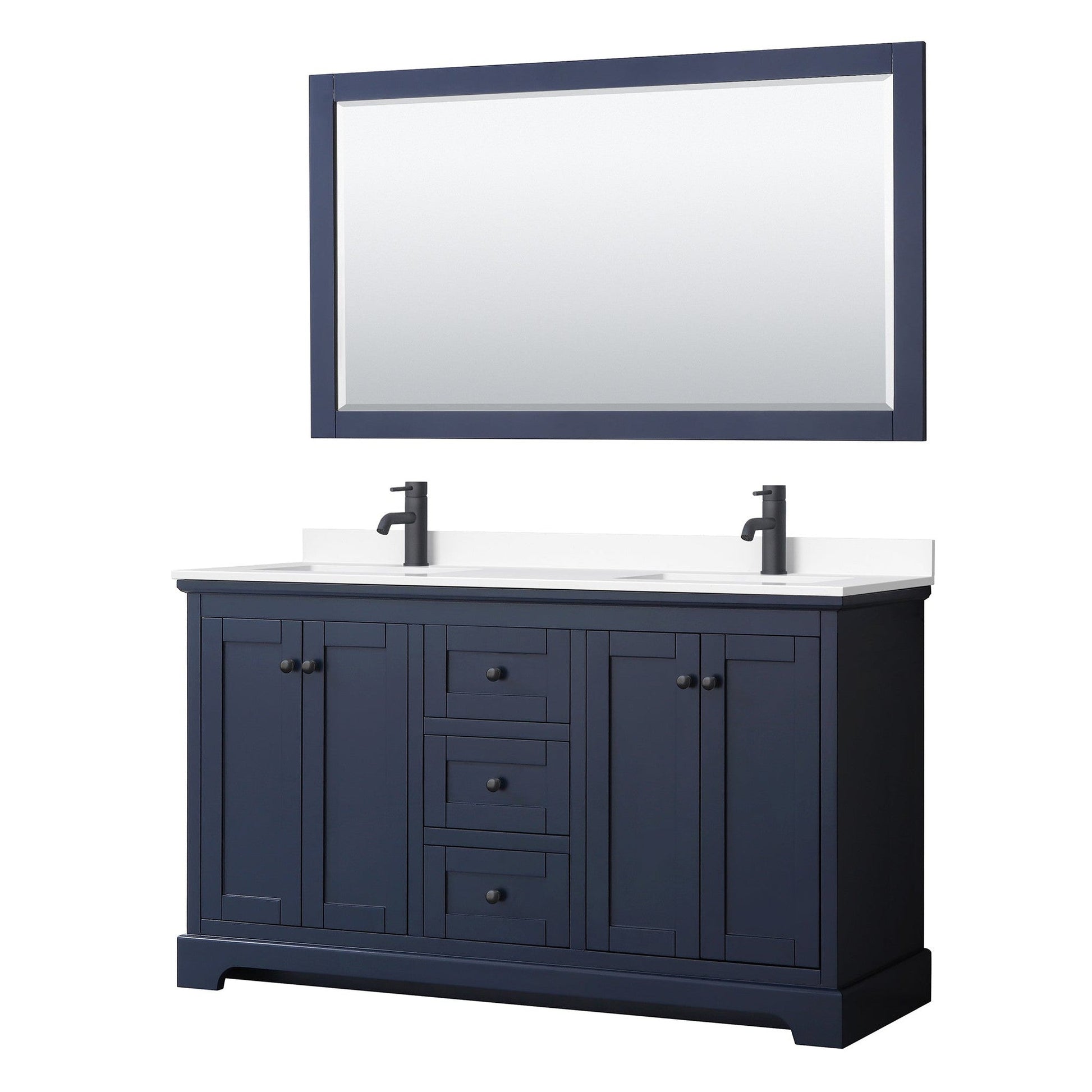 Avery 60" Double Bathroom Vanity in Dark Blue, White Cultured Marble Countertop, Undermount Square Sinks, Matte Black Trim, 58" Mirror