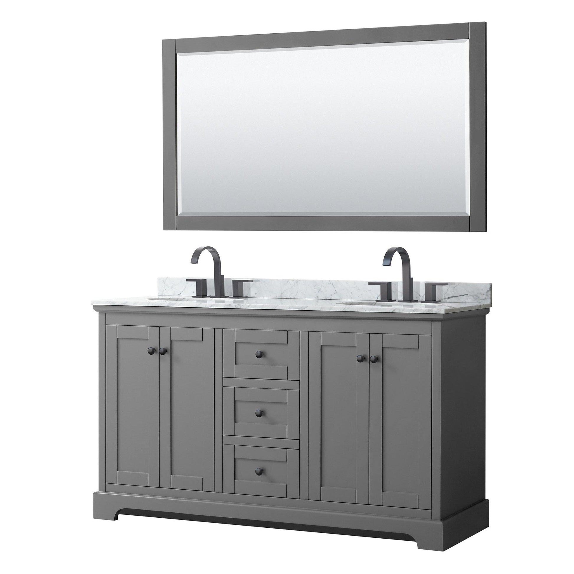 Avery 60" Double Bathroom Vanity in Dark Gray, White Carrara Marble Countertop, Undermount Oval Sinks, Matte Black Trim, 58" Mirror