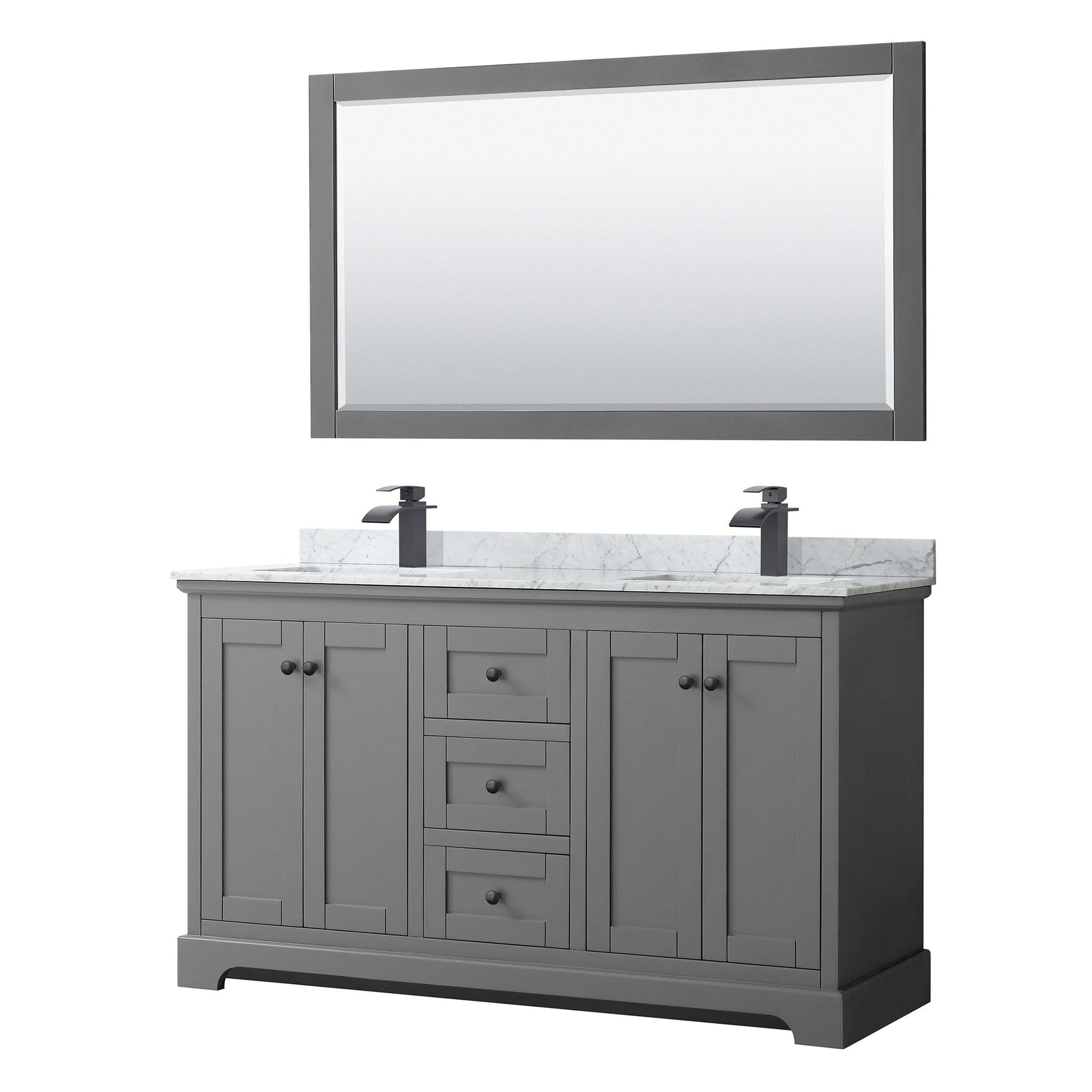 Avery 60" Double Bathroom Vanity in Dark Gray, White Carrara Marble Countertop, Undermount Square Sinks, Matte Black Trim, 58" Mirror