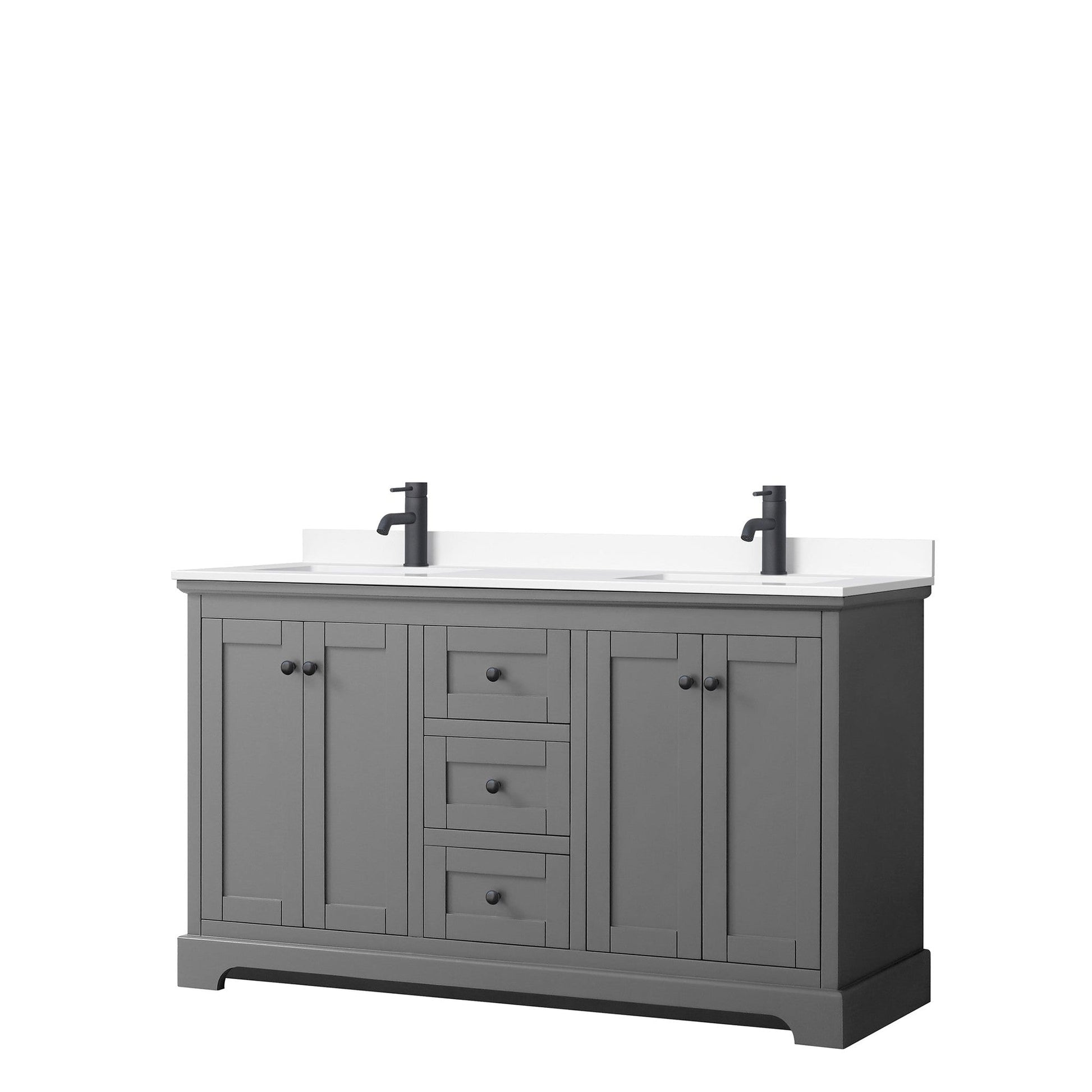 Avery 60" Double Bathroom Vanity in Dark Gray, White Cultured Marble Countertop, Undermount Square Sinks, Matte Black Trim