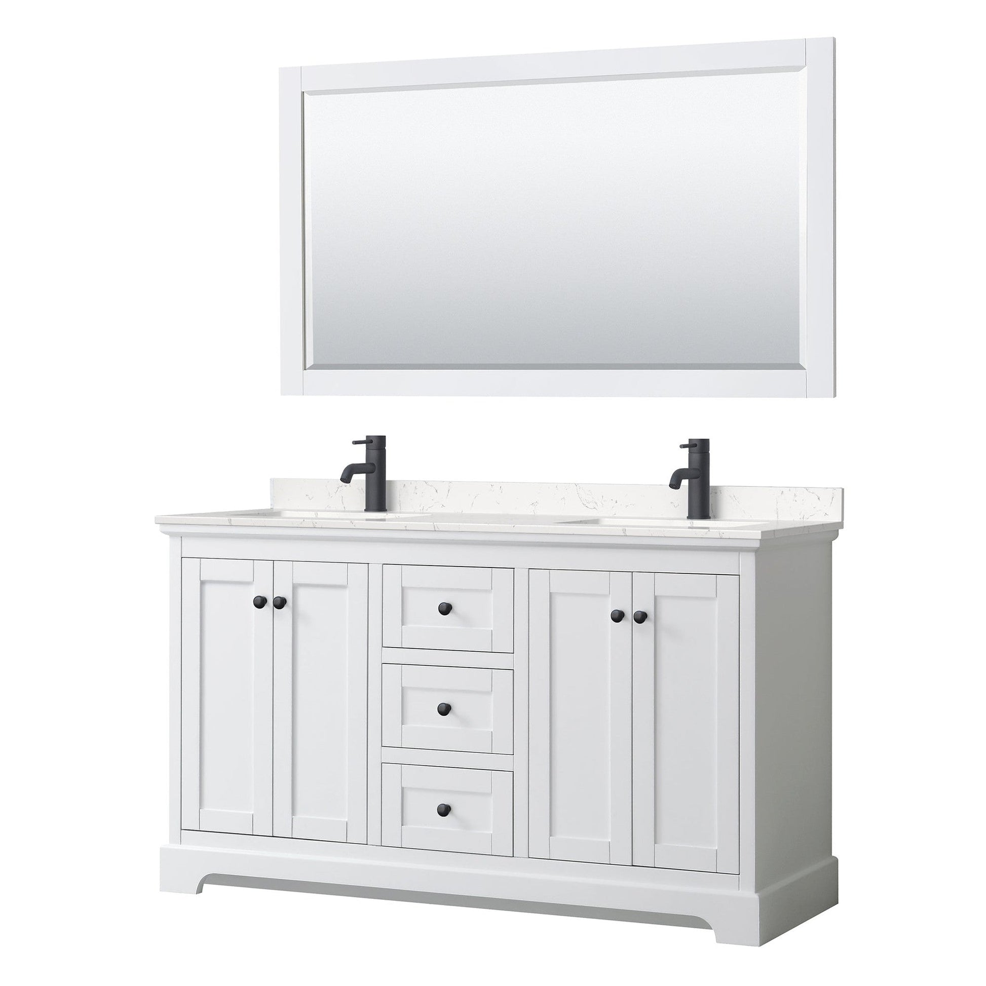 Avery 60" Double Bathroom Vanity in White, Carrara Cultured Marble Countertop, Undermount Square Sinks, Matte Black Trim, 58" Mirror