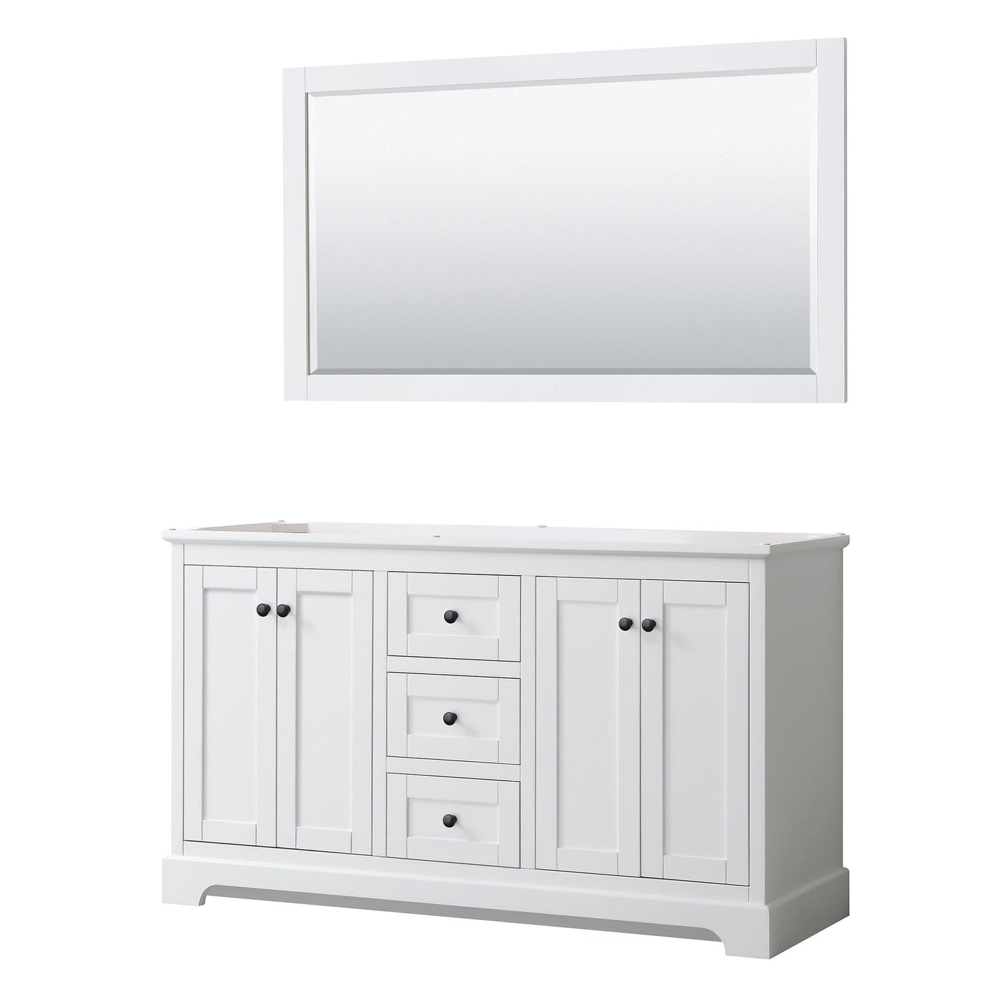 Avery 60" Double Bathroom Vanity in White, No Countertop, No Sinks, Matte Black Trim, 58" Mirror