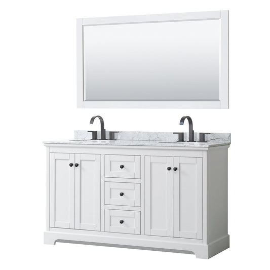 Avery 60" Double Bathroom Vanity in White, White Carrara Marble Countertop, Undermount Oval Sinks, Matte Black Trim, 58" Mirror