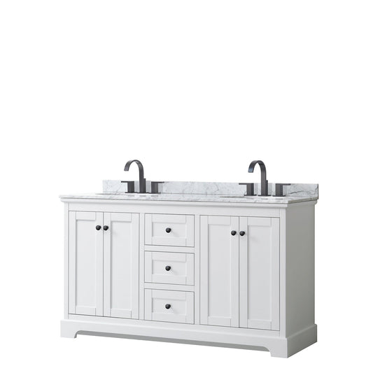 Avery 60" Double Bathroom Vanity in White, White Carrara Marble Countertop, Undermount Oval Sinks, Matte Black Trim