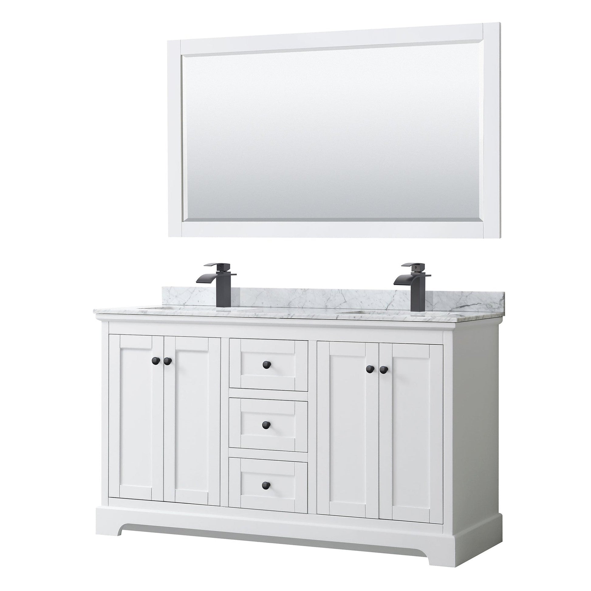 Avery 60" Double Bathroom Vanity in White, White Carrara Marble Countertop, Undermount Square Sinks, Matte Black Trim, 58" Mirror