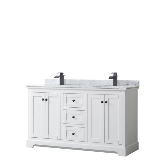 Avery 60" Double Bathroom Vanity in White, White Carrara Marble Countertop, Undermount Square Sinks, Matte Black Trim