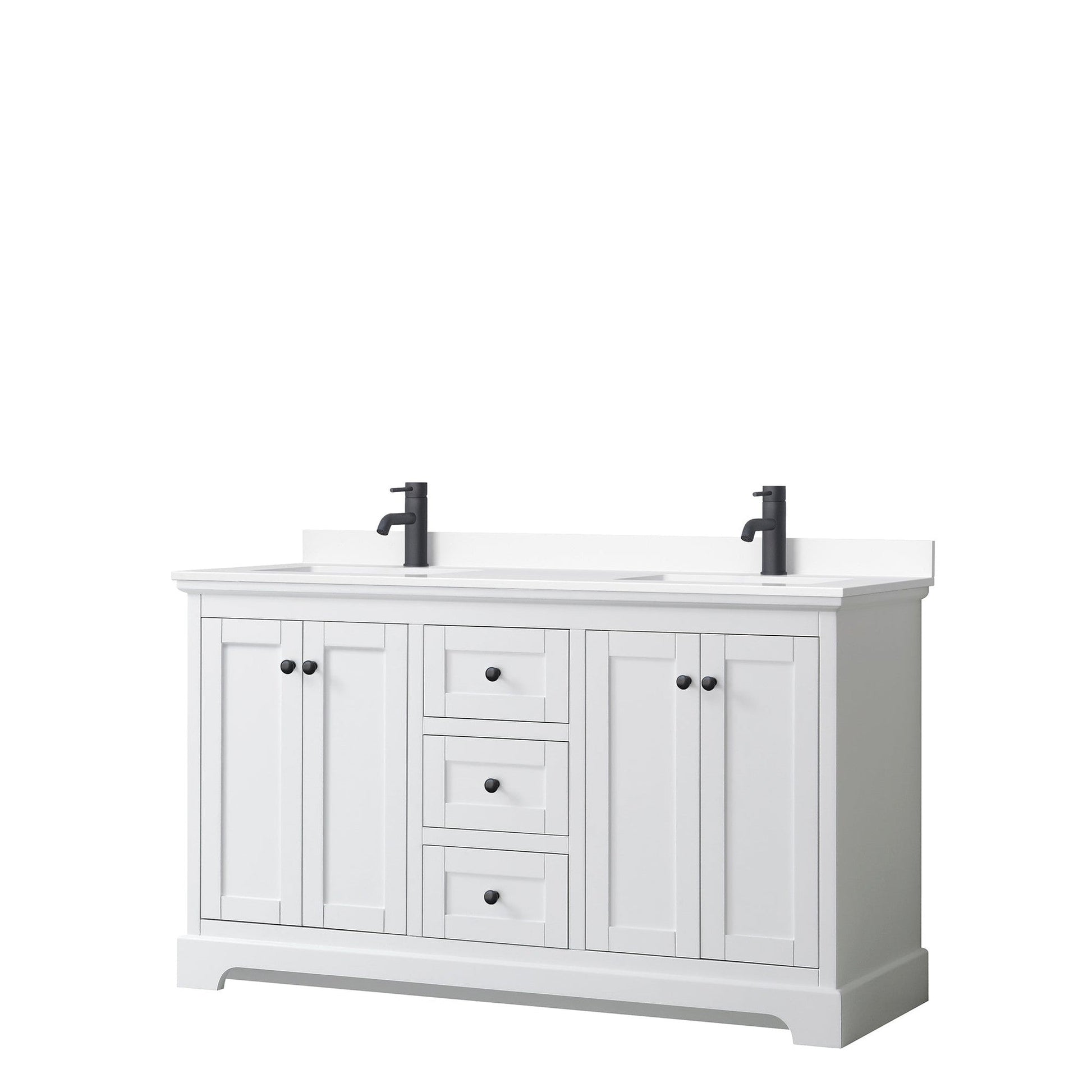 Avery 60" Double Bathroom Vanity in White, White Cultured Marble Countertop, Undermount Square Sinks, Matte Black Trim
