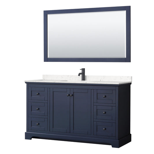 Avery 60" Single Bathroom Vanity in Dark Blue, Carrara Cultured Marble Countertop, Undermount Square Sink, Matte Black Trim, 58" Mirror