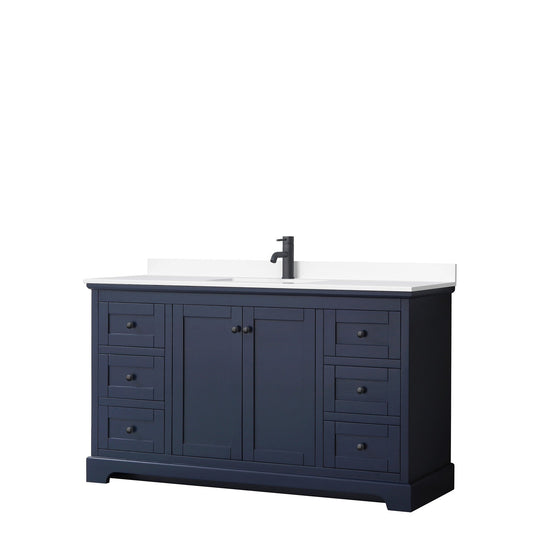 Avery 60" Single Bathroom Vanity in Dark Blue, White Cultured Marble Countertop, Undermount Square Sink, Matte Black Trim