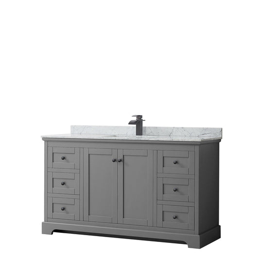 Avery 60" Single Bathroom Vanity in Dark Gray, White Carrara Marble Countertop, Undermount Square Sink, Matte Black Trim