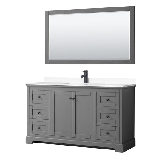 Avery 60" Single Bathroom Vanity in Dark Gray, White Cultured Marble Countertop, Undermount Square Sink, Matte Black Trim, 58" Mirror