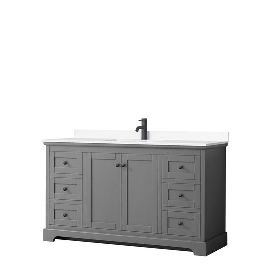 Avery 60" Single Bathroom Vanity in Dark Gray, White Cultured Marble Countertop, Undermount Square Sink, Matte Black Trim