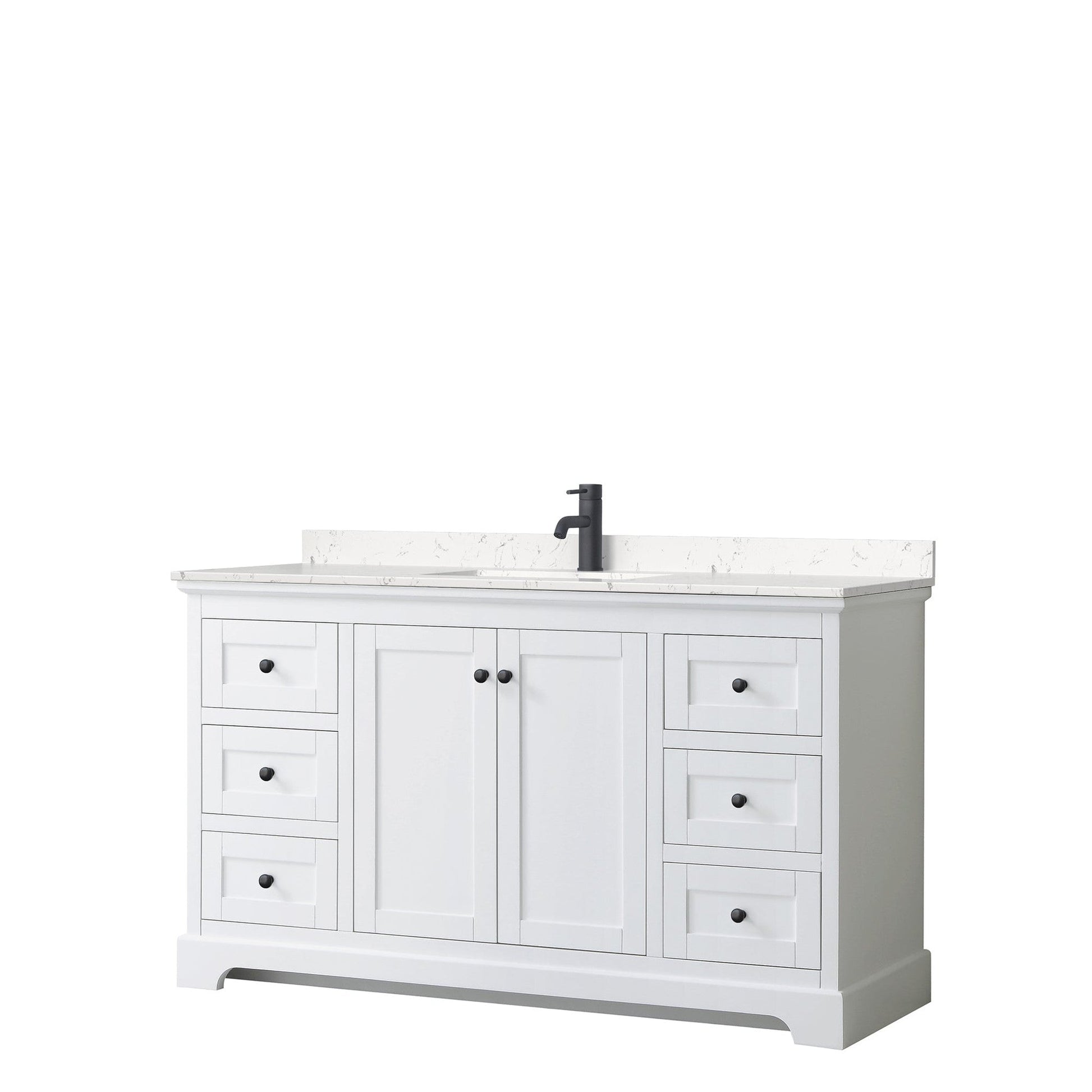 Avery 60" Single Bathroom Vanity in White, Carrara Cultured Marble Countertop, Undermount Square Sink, Matte Black Trim