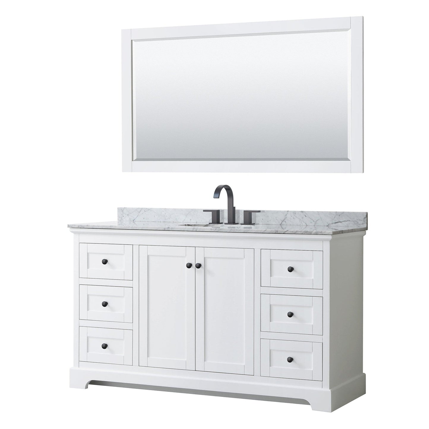 Avery 60" Single Bathroom Vanity in White, White Carrara Marble Countertop, Undermount Oval Sink, Matte Black Trim, 58" Mirror