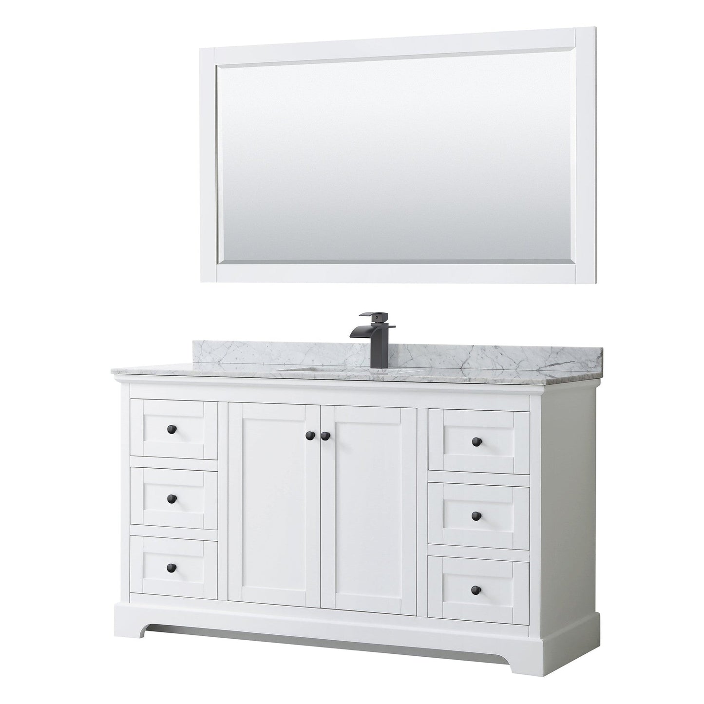 Avery 60" Single Bathroom Vanity in White, White Carrara Marble Countertop, Undermount Square Sink, Matte Black Trim, 58" Mirror