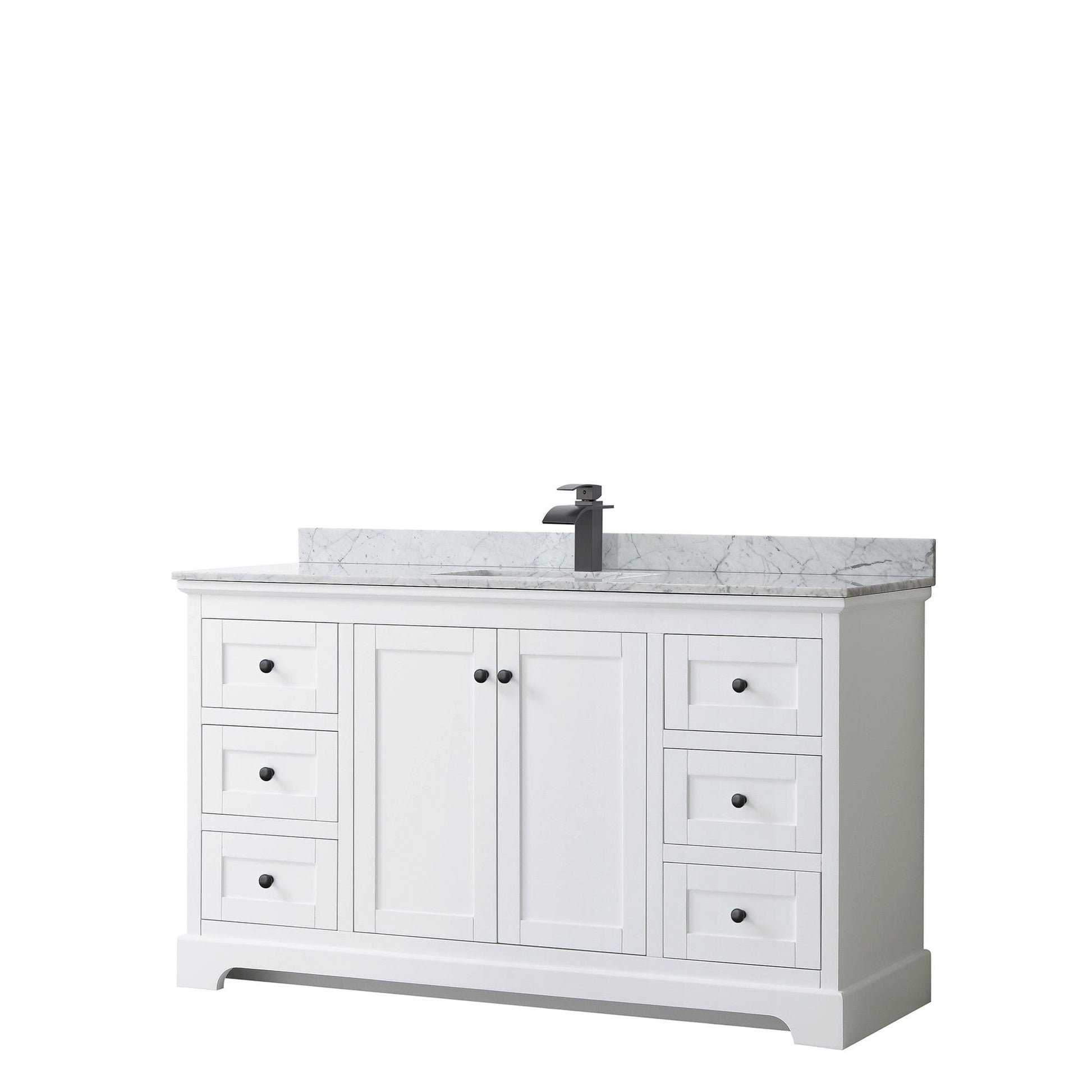 Avery 60" Single Bathroom Vanity in White, White Carrara Marble Countertop, Undermount Square Sink, Matte Black Trim