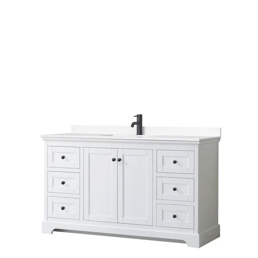 Avery 60" Single Bathroom Vanity in White, White Cultured Marble Countertop, Undermount Square Sink, Matte Black Trim