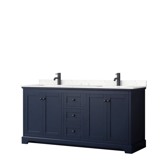 Avery 72" Double Bathroom Vanity in Dark Blue, Carrara Cultured Marble Countertop, Undermount Square Sinks, Matte Black Trim