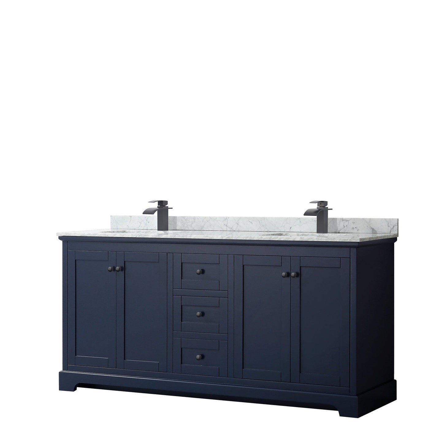 Avery 72" Double Bathroom Vanity in Dark Blue, White Carrara Marble Countertop, Undermount Square Sinks, Matte Black Trim