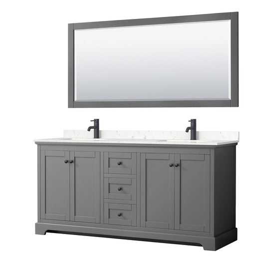 Avery 72" Double Bathroom Vanity in Dark Gray, Carrara Cultured Marble Countertop, Undermount Square Sinks, Matte Black Trim, 70" Mirror
