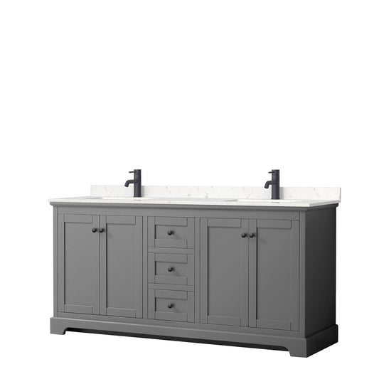 Avery 72" Double Bathroom Vanity in Dark Gray, Carrara Cultured Marble Countertop, Undermount Square Sinks, Matte Black Trim