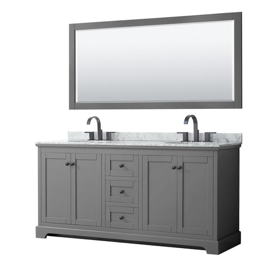 Avery 72" Double Bathroom Vanity in Dark Gray, White Carrara Marble Countertop, Undermount Oval Sinks, Matte Black Trim, 70" Mirror