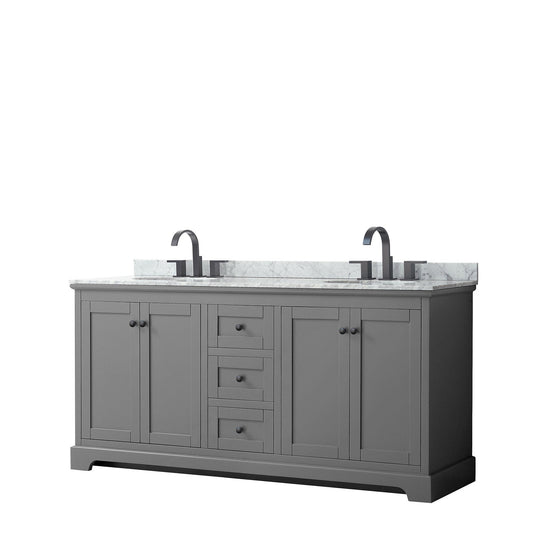 Avery 72" Double Bathroom Vanity in Dark Gray, White Carrara Marble Countertop, Undermount Oval Sinks, Matte Black Trim