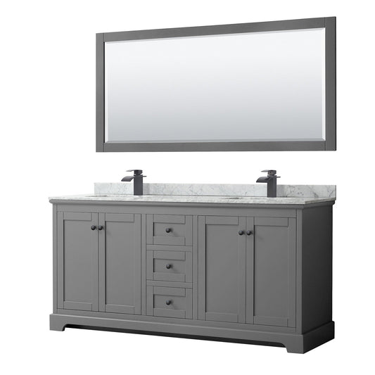 Avery 72" Double Bathroom Vanity in Dark Gray, White Carrara Marble Countertop, Undermount Square Sinks, Matte Black Trim, 70" Mirror