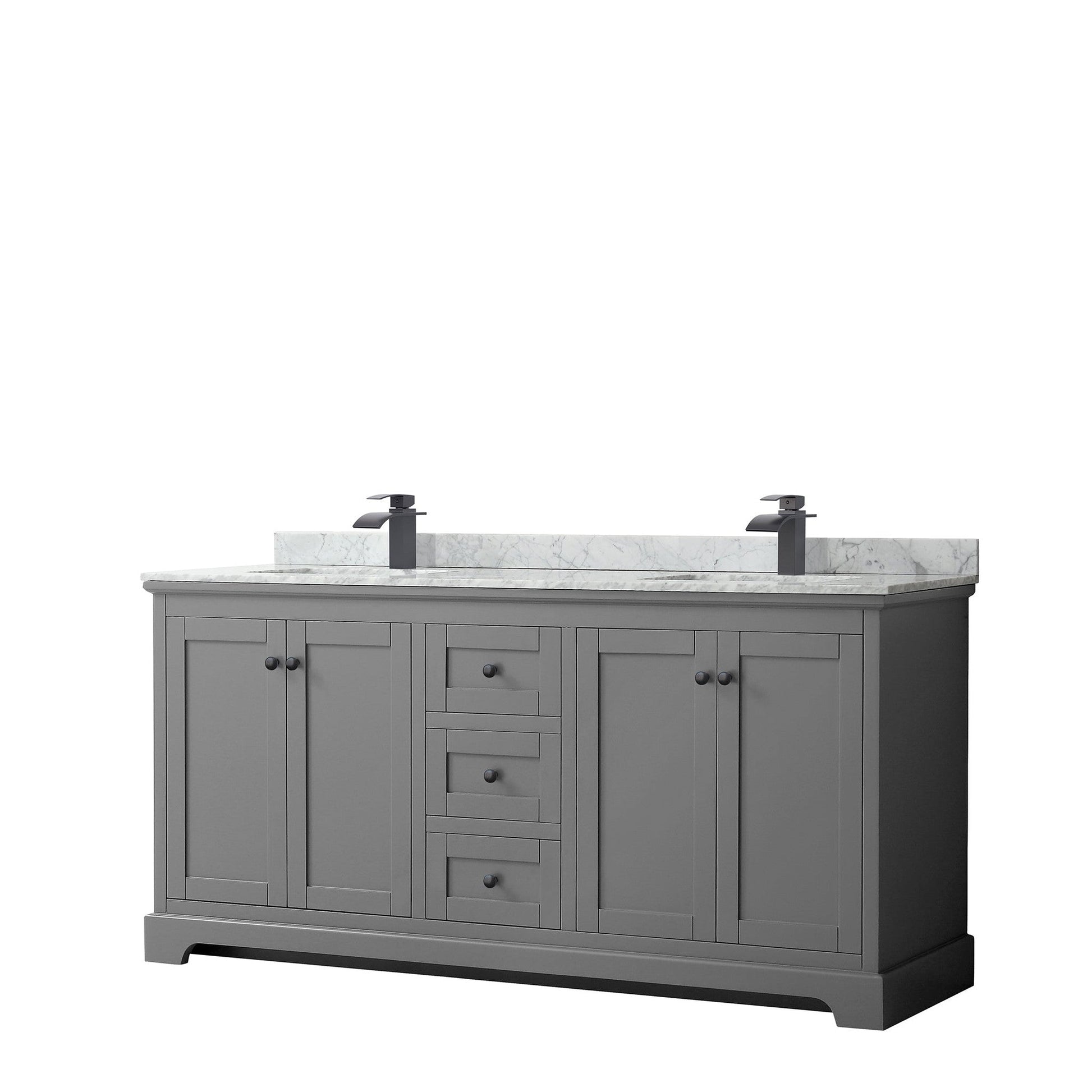 Avery 72" Double Bathroom Vanity in Dark Gray, White Carrara Marble Countertop, Undermount Square Sinks, Matte Black Trim