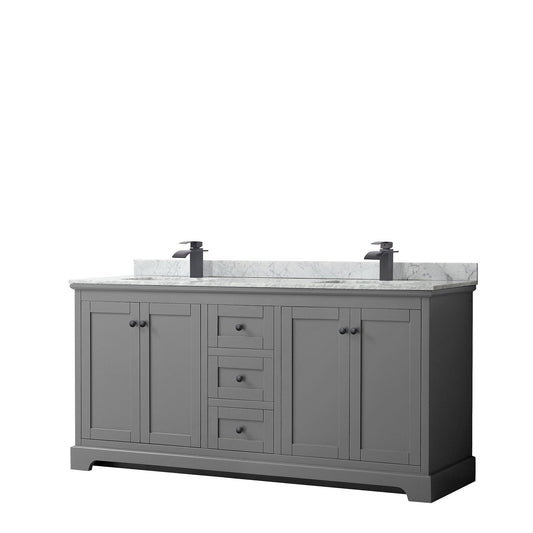 Avery 72" Double Bathroom Vanity in Dark Gray, White Carrara Marble Countertop, Undermount Square Sinks, Matte Black Trim