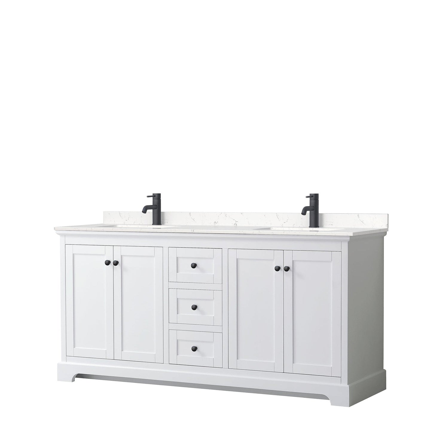 Avery 72" Double Bathroom Vanity in White, Carrara Cultured Marble Countertop, Undermount Square Sinks, Matte Black Trim