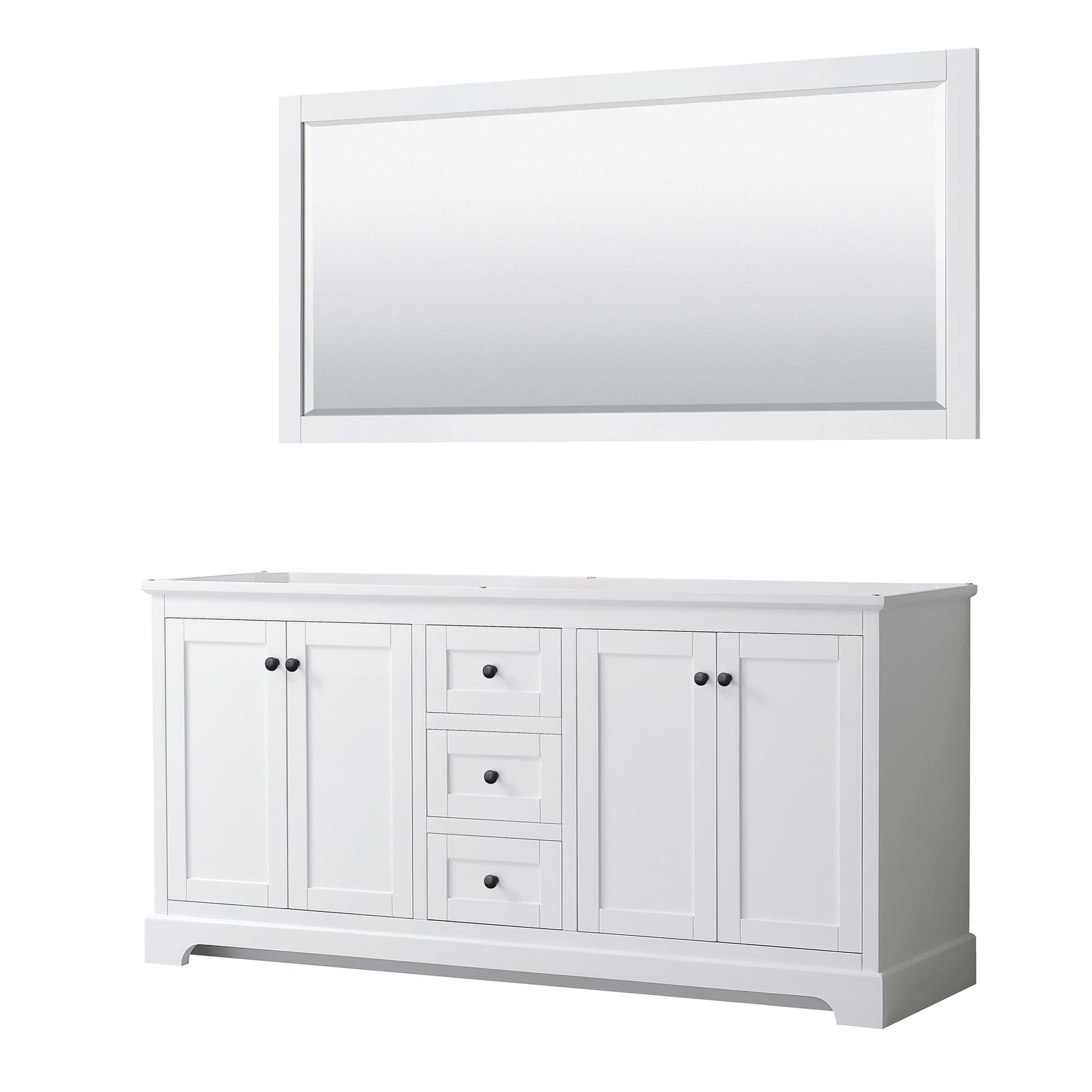 Avery 72" Double Bathroom Vanity in White, No Countertop, No Sinks, Matte Black Trim, 70" Mirror