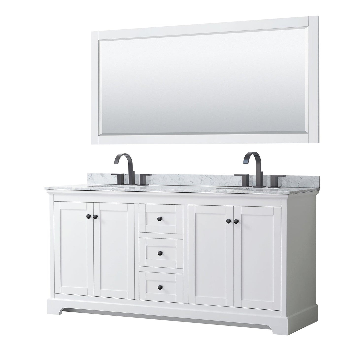 Avery 72" Double Bathroom Vanity in White, White Carrara Marble Countertop, Undermount Oval Sinks, Matte Black Trim, 70" Mirror