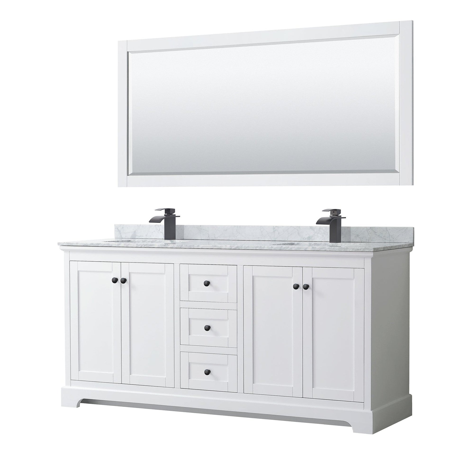 Avery 72" Double Bathroom Vanity in White, White Carrara Marble Countertop, Undermount Square Sinks, Matte Black Trim, 70" Mirror