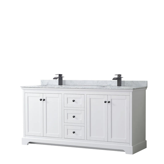 Avery 72" Double Bathroom Vanity in White, White Carrara Marble Countertop, Undermount Square Sinks, Matte Black Trim