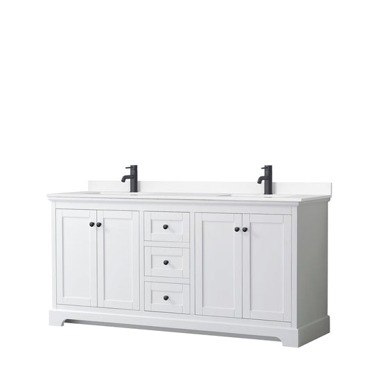 Avery 72" Double Bathroom Vanity in White, White Cultured Marble Countertop, Undermount Square Sinks, Matte Black Trim
