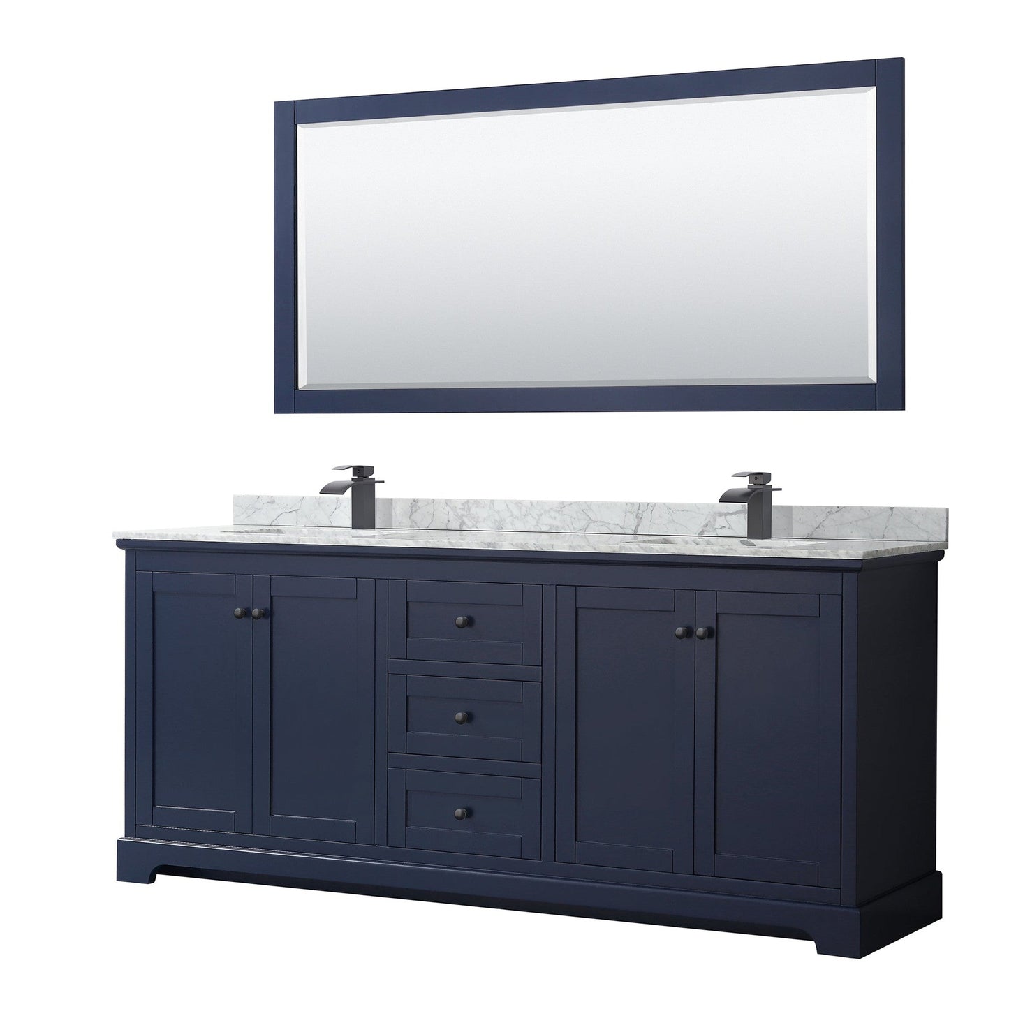 Avery 80" Double Bathroom Vanity in Dark Blue, White Carrara Marble Countertop, Undermount Square Sinks, Matte Black Trim, 70" Mirror