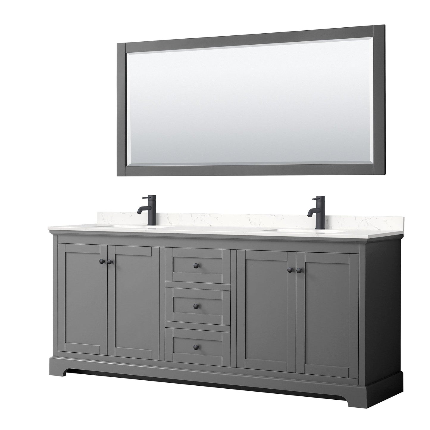 Avery 80" Double Bathroom Vanity in Dark Gray, Carrara Cultured Marble Countertop, Undermount Square Sinks, Matte Black Trim, 70" Mirror