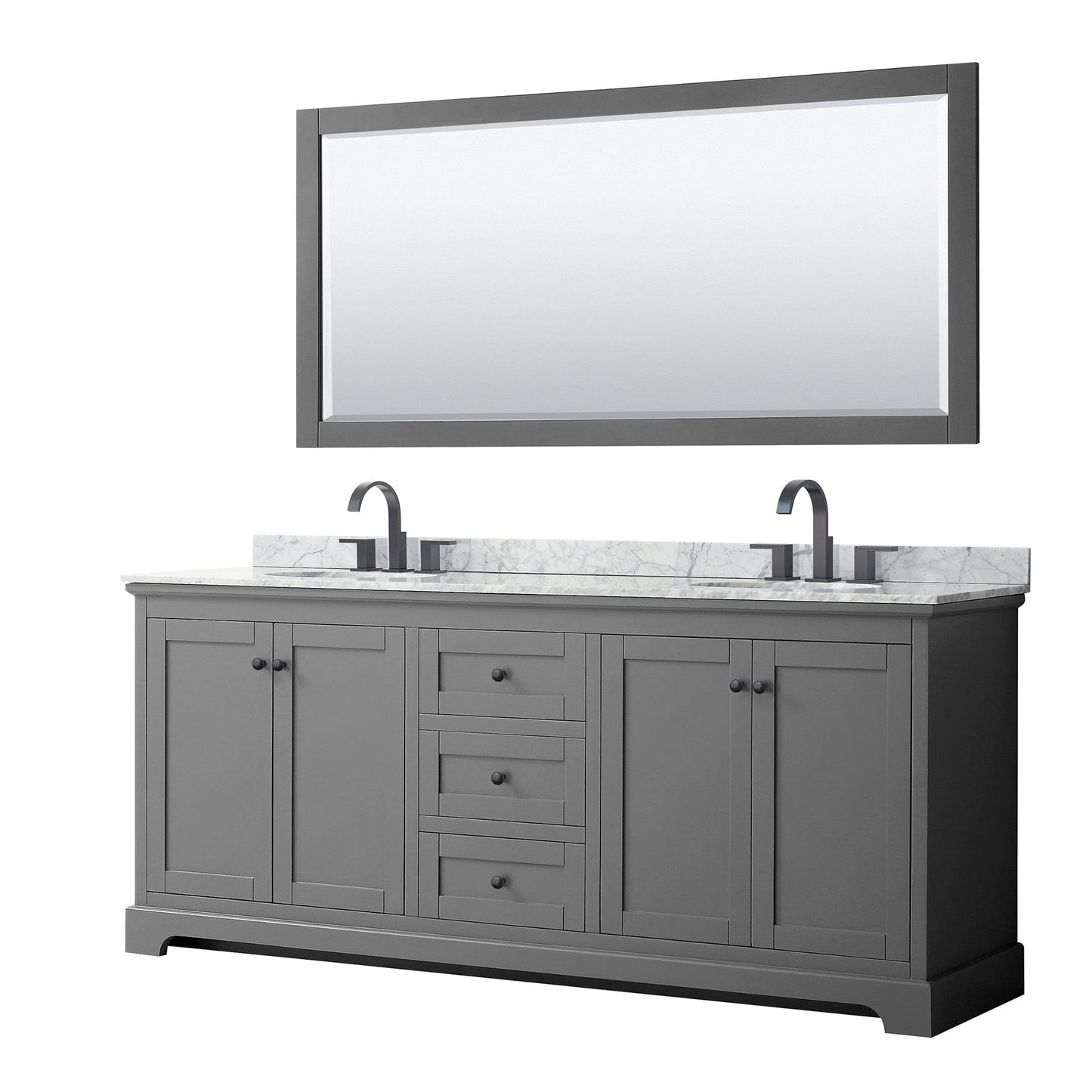 Avery 80" Double Bathroom Vanity in Dark Gray, White Carrara Marble Countertop, Undermount Oval Sinks, Matte Black Trim, 70" Mirror