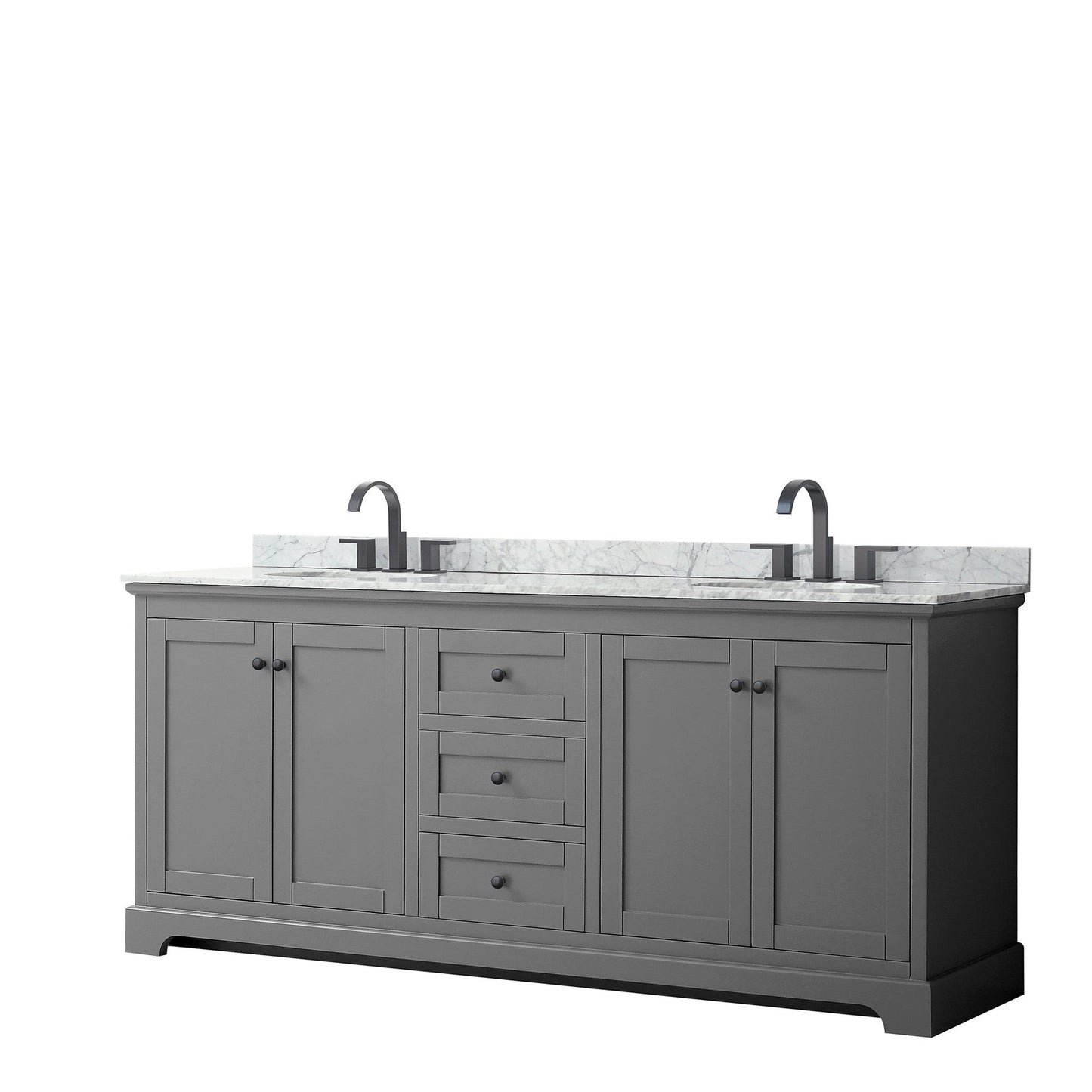 Avery 80" Double Bathroom Vanity in Dark Gray, White Carrara Marble Countertop, Undermount Oval Sinks, Matte Black Trim